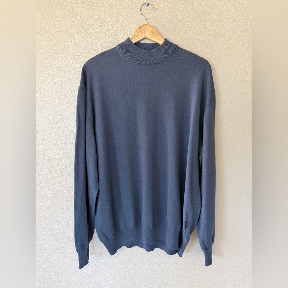 BOSS Hugo Boss Men's Blue Mockneck Cotton Modal Soft Ribbed Sweater Size 54 XXL